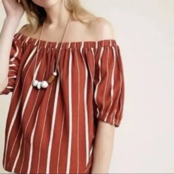 ANTHROPOLOGIE Elodie Terracotta & White Stripe Off the Shoulder Top - Picture 4 of 4